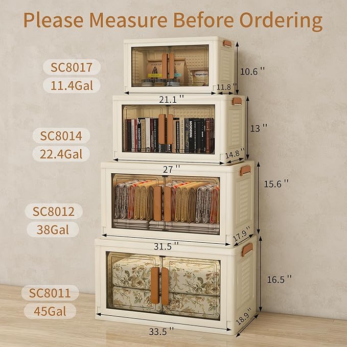 Plastic Stackable Storage Bins with Lids and Wheels, 3040QT-152QT*2Tier Foldable Closet Organizers and Containers, Collapsible Clear Drawer Storage Cabinet with Doors Ivory White