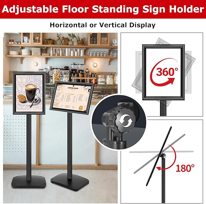 Heavy Duty Sign Holder Stand 8.5x11 Inch - Pedestal Floor Standing Sign Holder with Weighted Base - Vertical & Horizontal Poster/Menu Stand for Indoor/Outdoor Business Store Advertising, Black