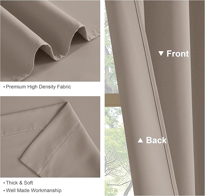 PONY DANCE Taupe Blackout Curtains for Bedroom 72 inches Long, Rod Pocket Thermal Insulated Noise Reducing Room Darkening Window Drapes for Living Room, W 42 x L 72 Inch, 2 Panels, Light Taupe