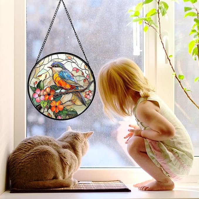 Stained Glass Window Hanging, Blue Bird Pink Flower Suncatcher Diamond Glass Panel Bird Sun Catchers Decor for Birthday for Women, Men, Wife, Aunt, and Mom 7.8 in