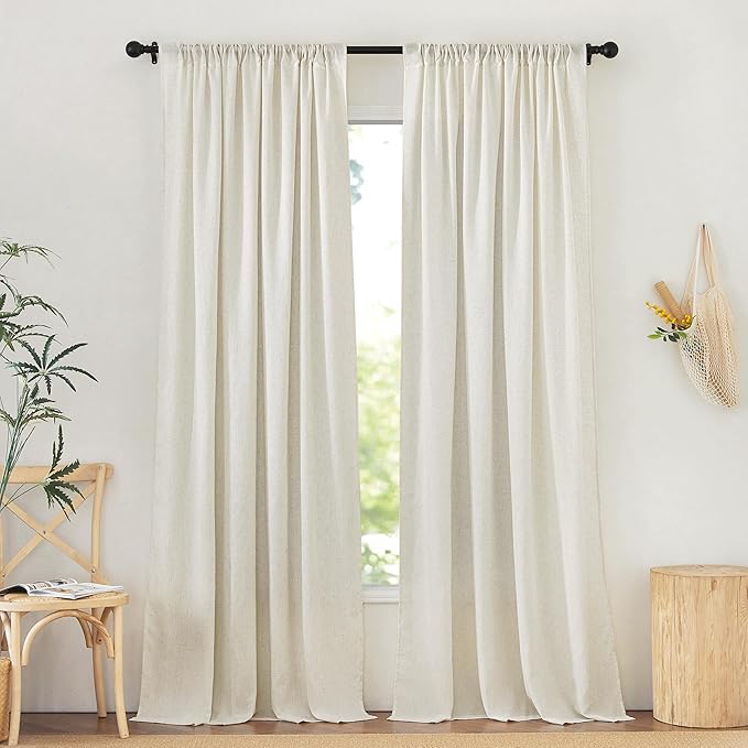 NICETOWN Natural Thick Linen 120 inch Curtains, Pinch Pleated/Rod Pocket/Back Tab Privacy Added Window Treatments with Light Filtering for Bedroom/Living Room, W52 x L120, 2 Panels