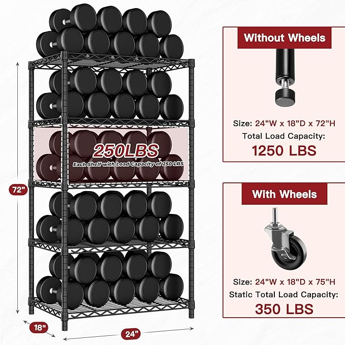 PrimeZone Wire Shelving Unit with Wheels, 5 Tier Adjustable NSF Certified Heavy Duty Metal Storage Shelves, Pantry Organizer Rack Rolling Kitchen Shelf for Closet, 24" W x 18" D x 75" H, Black, 3 PCS