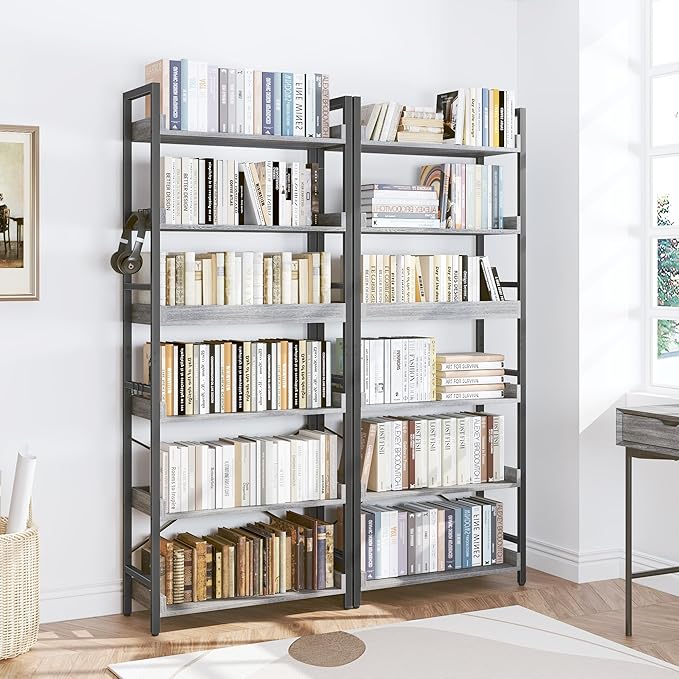 HCHQHS 6 Tier Bookshelf, Adjustable Industrial Bookcase, Vertical Tall Book Shelf, Wood and Black Metal Open Bookshelves for Home Office, Living Room, Bedroom