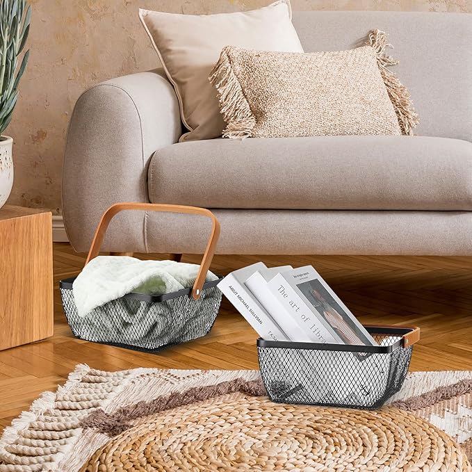 6 Pcs Metal Mesh Steel Basket with Handle Small Shopping Baskets Square Wire Harvest Storage for Kitchen Storage Garden Picnic Bathroom Organizing, 8.46 x 8.46 x 4.13 Inch(Black)