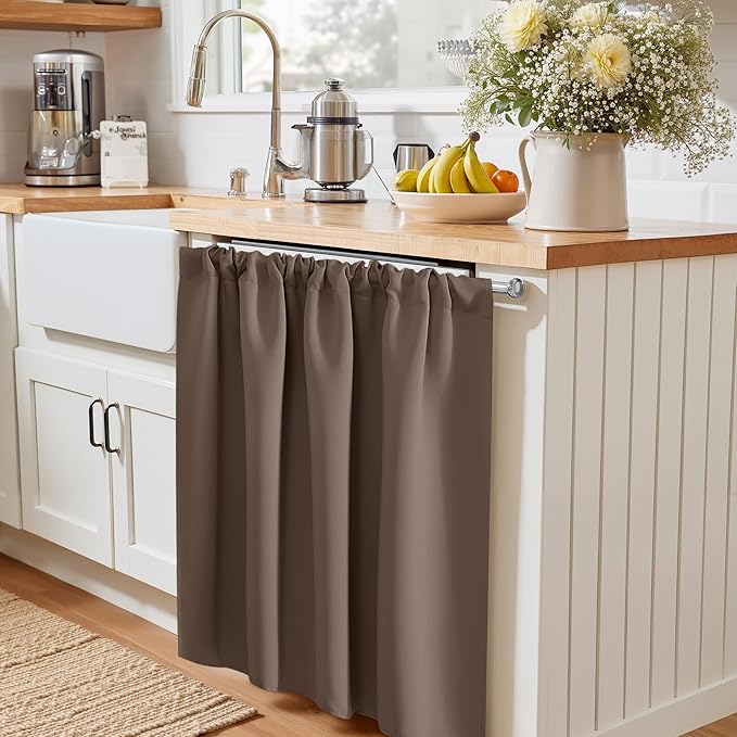 PONY DANCE Blackout Short Cafe Curtains for Bathroom - Light Block Privacy Drapes for Kitchen,Bedroom Window Decor, W 29 x L 24, Mocha, 1 Pair