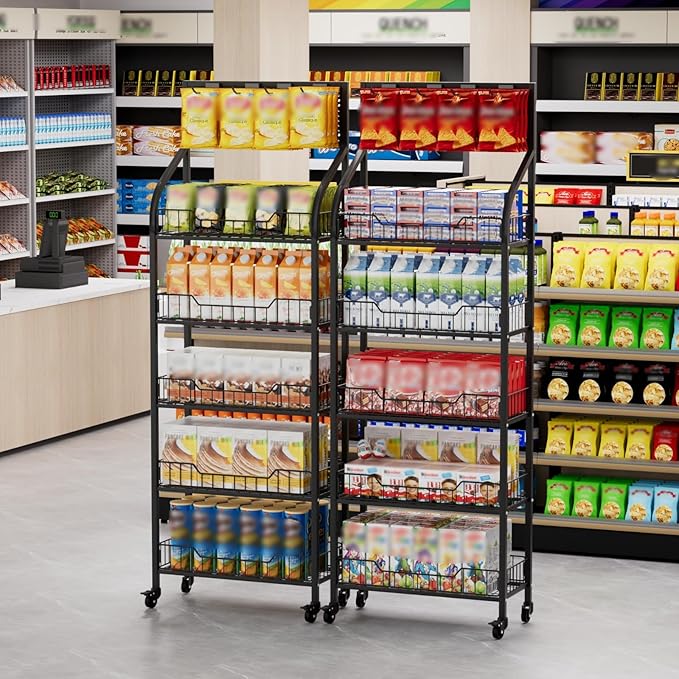 5-Tier Heavy-Duty Snack Rack Display Stand with Wheels - 300lbs Capacity, Silent Roll & Lock System, for Pantry/Retail/Office Organization