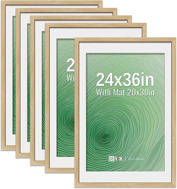 VCK 24x36 Poster Frame 5 Pack - Natural Oak, High-End Wood Picture Frames with Polished Plexiglass, Display 20x30 Photo with Mat or 24x36 without Mat, Art Gallery-Quality, Wall Hanging, Natural Oak