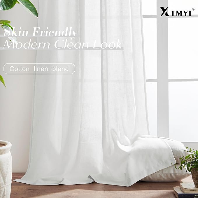 XTMYI White Sheer Curtains 68 Inches Long for Bedroom Living Room Dining Room,Linen Cotton Privacy Curtains for Kitchen Bathroom,40x68 Inch Length 2 Panels Set