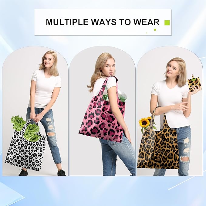 BeeGreen Leopard Print Reusable Grocery Bags 6 Pack, Heavy Duty Totes for Women, Foldable Grocery Bag Large Shopping Totes with Handles for Work, Travel, Gift, Polyester Washable Reusable Tote Bag