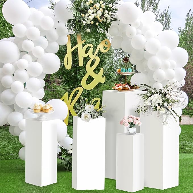 5Pcs Square Pedestal Stands for Party, Metal Display Plinth Pillars for Wedding Ceremony Birthday Party Art Decor---31.5*11.8''(L),27.6*10.6''(M),23.6*9.4''(S), 20.7*8.3"(XS), 17.7*7.1"(XXS)