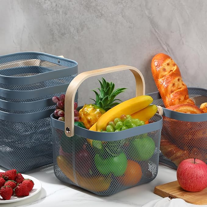 Roshtia 6 Pcs Metal Mesh Steel Basket with Handle, Square Wire Harvest Thanksgiving, Shopping Baskets for Retail Store Christmas Garden Bathroom Kitchen(9.65 x 9.65 x 7.09 Inch,Blue)