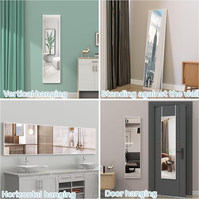ANYHI Over The Door Mirror, 47" x 12" White Door Mirror Full Lenth, 2 Hooks, Door Mount or Wall Mount, for Bedroom, Living Room, Bathroom