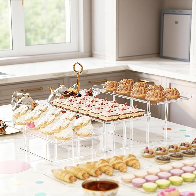 3 Pack Dessert Table Display Set, Clear Acrylic Desert Stands Buffet Risers for Cupcakes Dessert Pastry Food Treat Tier Cookie Dessert Platter Serving Trays Stand for Wedding Birthday Party