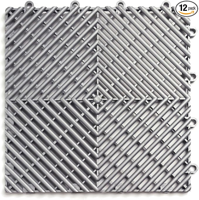 Big Floors RaceDeck Free-Flow Interlocking Garage Flooring Tiles, Non-Slip, Self-Draining, Heavy-Duty, High-Impact Copolymer, Easy Install (Alloy, 12 Pack of 12 x 12" Tiles)