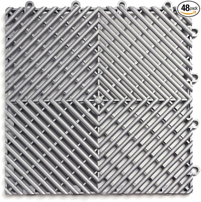 Big Floors RaceDeck Free-Flow Interlocking Garage Flooring Tiles, Non-Slip, Self-Draining, Heavy-Duty, High-Impact Copolymer, Easy Install (Alloy, 48 Pack of 12 x 12" Tiles)