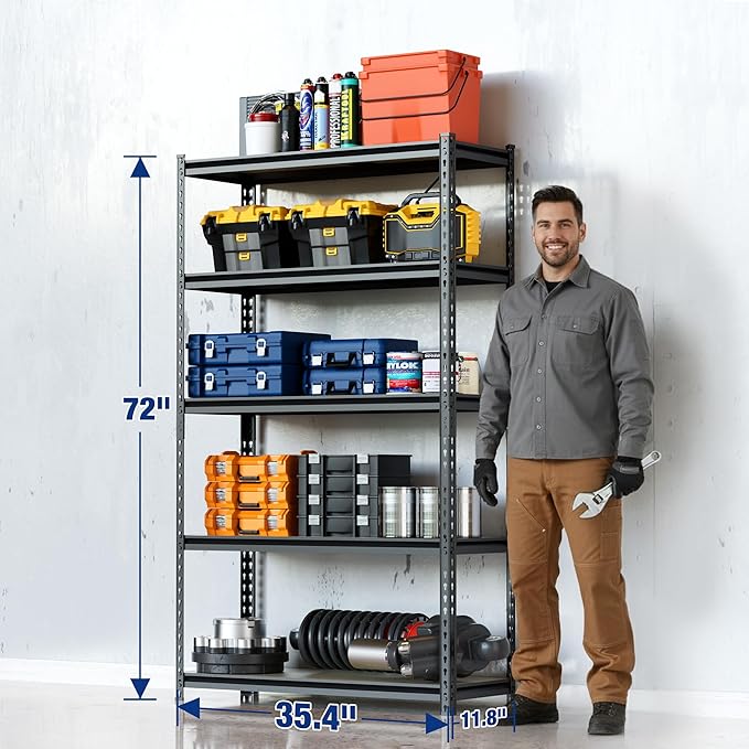 WORKPRO 2180LBS Garage Shelving Unit, Heavy Duty 5-Tier Adjustable Storage Shelf, Shelving Units and Storage for Kitchen, Basement or Pantry, 35.4”Wx11.8”Dx72”H, Black