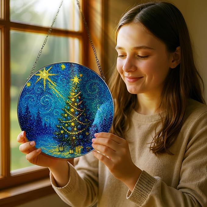 8-Inch Starry Night Christmas Tree Stained Glass Window Hanging & Ornament: Stained Glass Suncatcher Ornament, Sun Catcher Window Decor – Gifts for Christmas, Holiday Present, Gift Exchange, Gift Idea