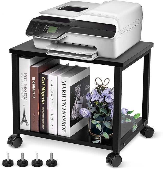 Under Desk Printer Stand - 2-Tier Industrial Mobile Printer Table with Storage Shelf, Heavy Duty Wood Rolling Printer Cart with Wheels for Home and Office,Classic Black