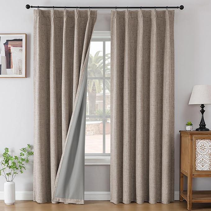 Joydeco Pinch Pleated Curtains - 100% Blackout for Bedroom, Linen Curtains 40" W x 63" L, Thermal Insulated 2 Panels Light Blocking Drapes, Back Tabs for Living Room