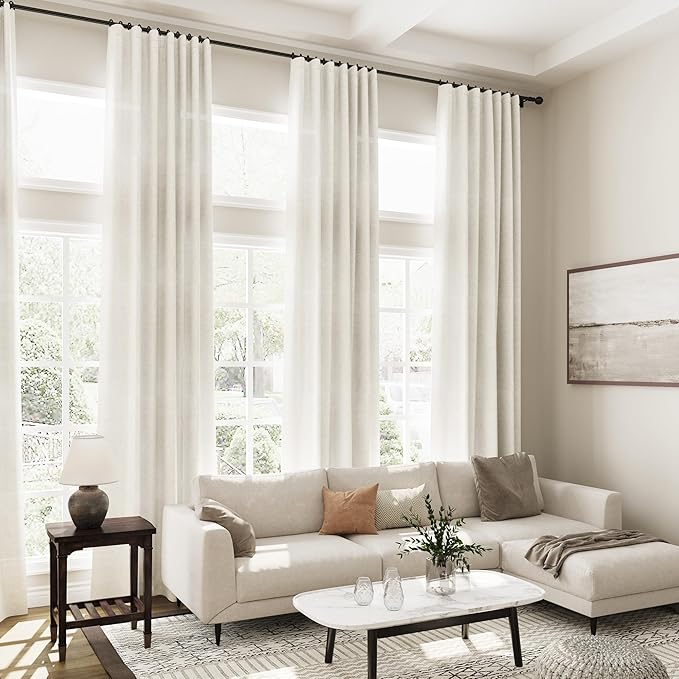 Cream Linen Curtains Back Tab Sheer Curtain 97 Inches Long for Living Room 2 Panels Rod Pocket Neutral Semi Sheer Light Filtering Curtains Drapes Cream Farmhouse Dining Room Curtain 52x97