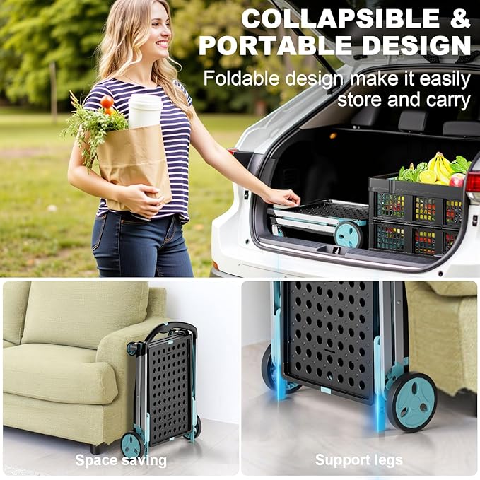 Foldable Shopping Cart, 200 lbs Capacity Grocery Cart on Wheels with Two Collapsible Crate Heavy Duty Collapsible Carts with Foot Brake for Groceries, Office, Warehouse and Supermarket