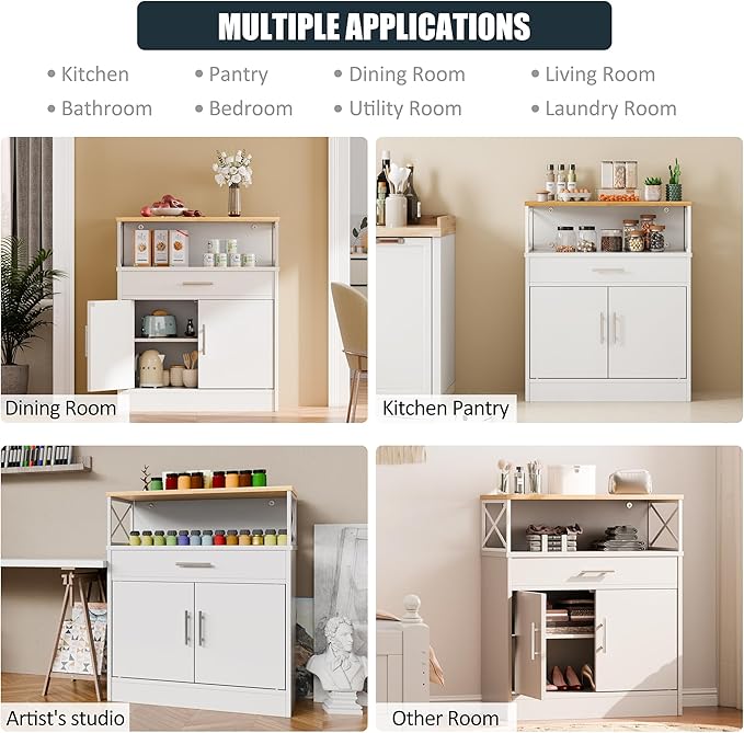 SUNLEI Farmhouse Buffet Sideboard with 2 Doors and 1 Drawer, Open Storage & Adjustable Shelf, Coffee Bar Cabinet for Kitchen/Laundry/Living Room, White