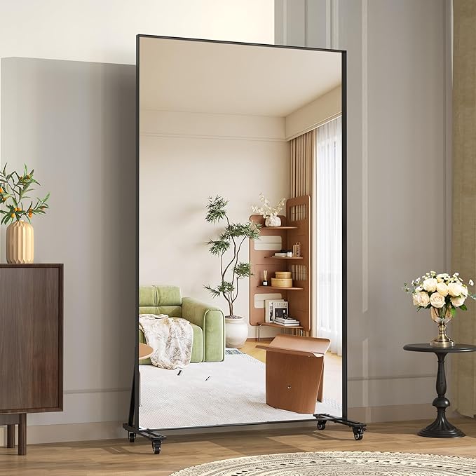 ANYHI Full Length Mirror with Wheels, 360° Swivel Full Body Rolling Mirror, 39.7"*69.5" Sturdy Standing Floor Mirror for Home Gym, Bedroom, Yoga & Dance Studio