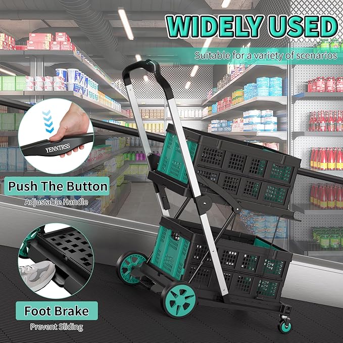 Collapsible Shopping Cart with 2 Storage Crates, Multi Use 2-Tier Grocery Carts on Wheels, 350 LBS Capacity Portable Foldable Shopping Cart for Groceries, Blue