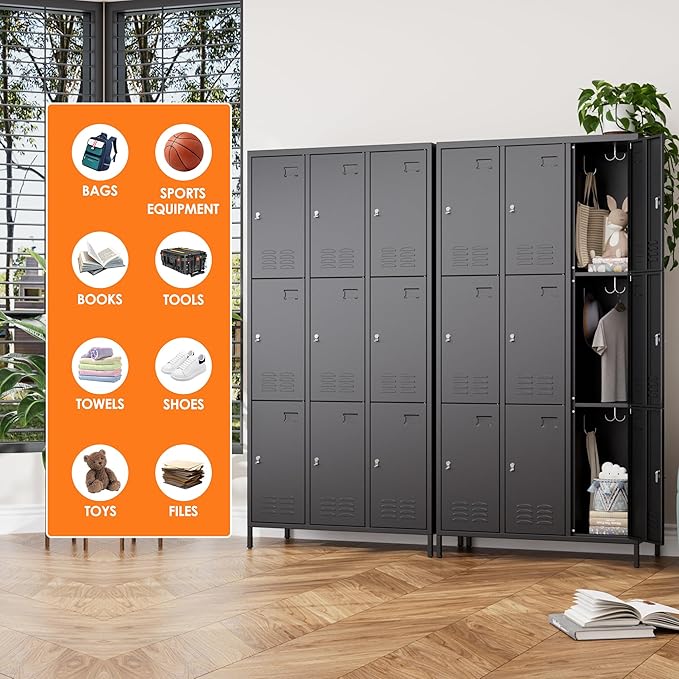 Aobabo New 9 Doors Metal Storage Locker for Employees, Lockable Steel Locker with Name Card Slot and 27 Hooks for School Office Gym Garage, Black, Assembly Required