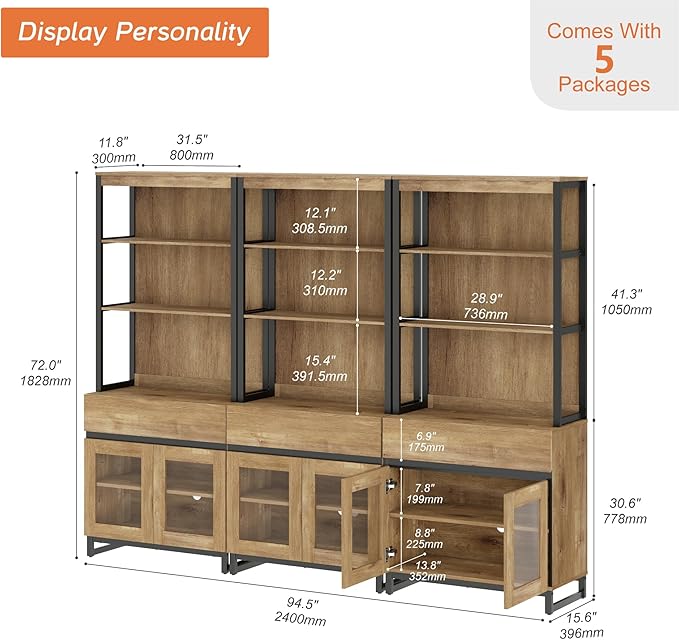 WAMPAT 3 PCS Modern 72" Tall Bookcase with 3 Drawers and Open Book Shelfs, Library Book Shelf with Storage Cabinet and Glass Doors, Wood Freestanding Bookshelves for Home Office, Living Room, Oak