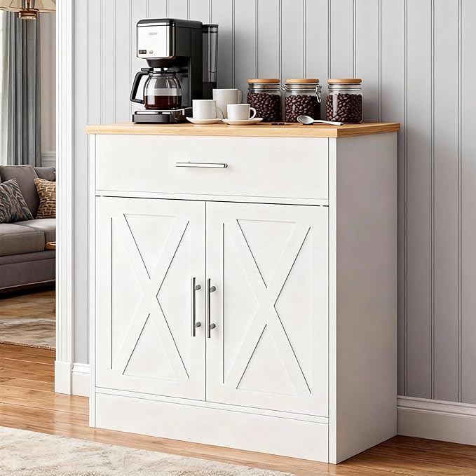 SUNLEI Coffee Bar Cabinet, Wooden Storage Cabinet with 2 Doors & 1 Drawers, Modern Farmhouse Kitchen Buffet Sideboard Cabinet with Storage for Living Room, Adjustable Shelf, White&Yellow