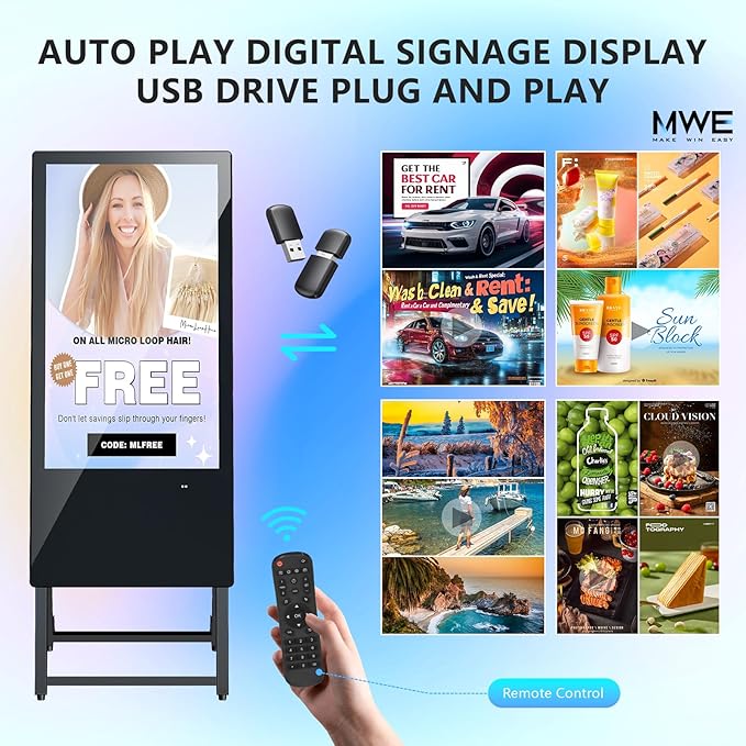 JIYANG 32 Inch Indoor Digital Signage Display,Floor Standing Advertising Digital Kiosk with Wheels,Portable LCD Poster Totem Support HDMI Input,Split Screen,Timed Open/Off,Android System
