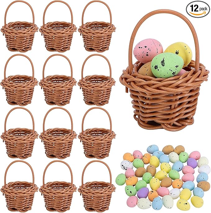 12 Pack Easter Mini Woven Handbasket with 50 Pcs Eggs,Tiny Decorative Picnic Baskets with Handle, Easter Miniature Basket Set for Home Office Decor Wedding Birthday Party Favors