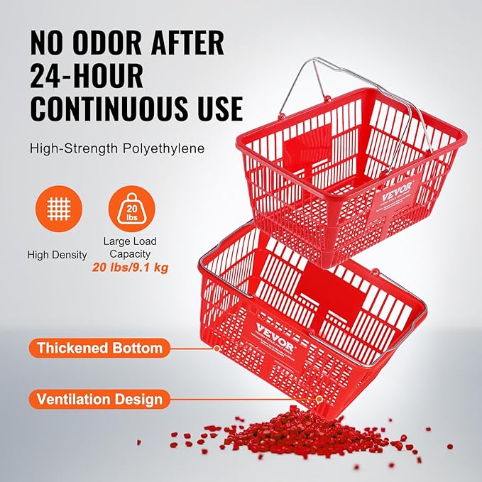 VEVOR Shopping Basket Set, 12 x 21L Durable Plastic Grocery Basket with Metal Handle and Stand, 16.73 x 12.01 x 8.58 inch Portable Shop Basket for Retail Store Supermarket Grocery Shopping, Red