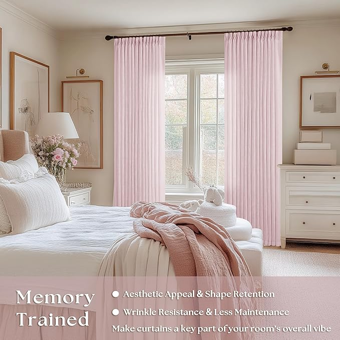 Elegant Blush Pink Semi Sheer 102 Inch Curtains Cotton Linen Textured for Living Room Bedroom Nursery Soft Light Filtering Drapes Dusty Pink Pinch Pleated Curtains with Rings Hooks 2 Panels Set