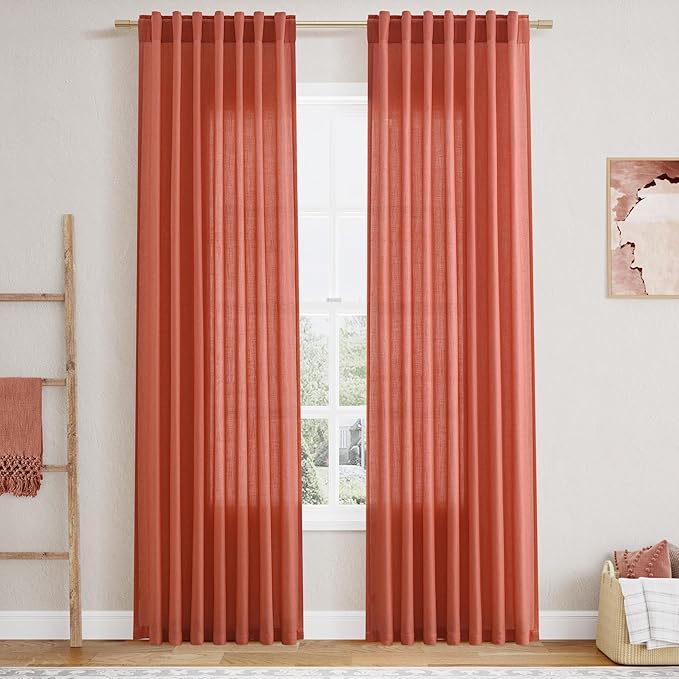 Nanspring Coral Linen Blend Drapes 84 Inch Length 2 Panels Set Back Tab Rod Pocket Light Filtering Semi Sheer Curtain Textured Neutral Farmhouse Decor Curtains for Bedroom Living Room 52x84