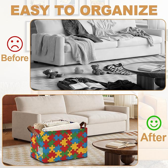 Jigsaw Storage Bins with Handles, Collapsible Storage for Clothes, Gift Basket, Blankets & Closet Organization