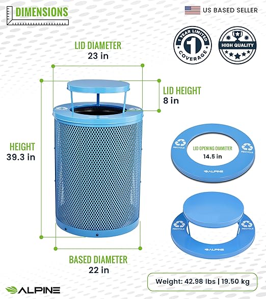 Alpine Outdoor Trash Can 36 Gallon Diamond Steel Commercial Metal Waste Bin with Leak Proof Liner, Heavy Duty Steel Mesh Design, Rain Bonnet Lid & Flat Lid for Parks, Streets, and Public Spaces-Blue