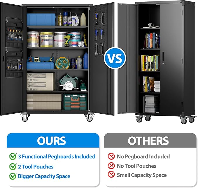 43.3''W x 22''D x 72''H Wide and Deep Garage Storage Cabinet with Wheels & Pegboard & 9 Hooks, Lockable Metal Storage Cabinet with 2 Doors and 4 Adjustable Shelves for Garage, Home, Black