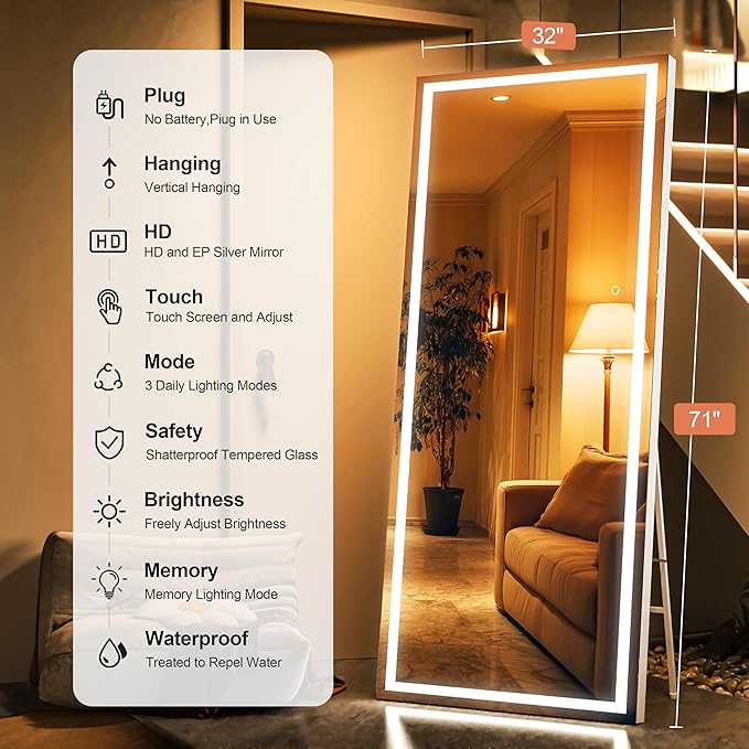 Full Length Mirror with Lights, 71" x 32" LED Lighted Floor Standing Body Mirror, Dimmable & 3 Color Lighting for Bedroom, Cloakroom, Dressing Room, Tempered Glass, Square White
