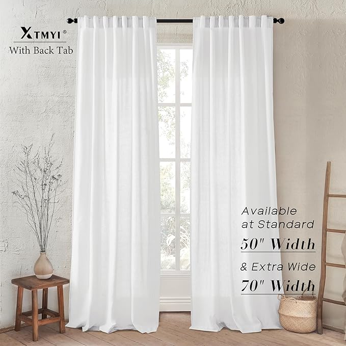 XTMYI Large Curtains for Living Room 132 Inch Length 2 Panels Sheer Linen Back Tab Hooks Pleated Light Filtering Big Curtains for Dining Room,11 FT Long,White