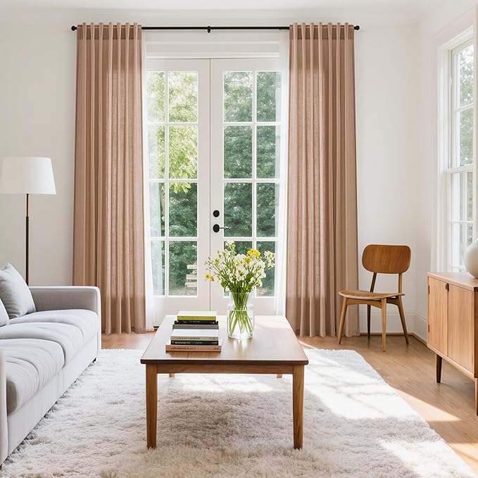 Peach Linen Curtains 90 Inch Long 2 Panels for Girl Bedroom Soft Linen Textured Window Drapes Semi Sheer Light Filtering Rod Pocket Back Tab Farmhouse Curtain Soft Vibrant Living Room 52x90