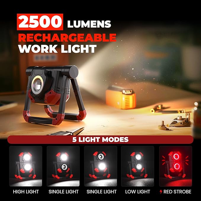 Yzoni 2 Pack LED Work Light Rechargeable, 2 COB 2500LM Folding Portable Flood Light with Magnetic Base and 360° Rotation Stand, Spotlights for Camping Car Repairing Emergency Job Site Lighting