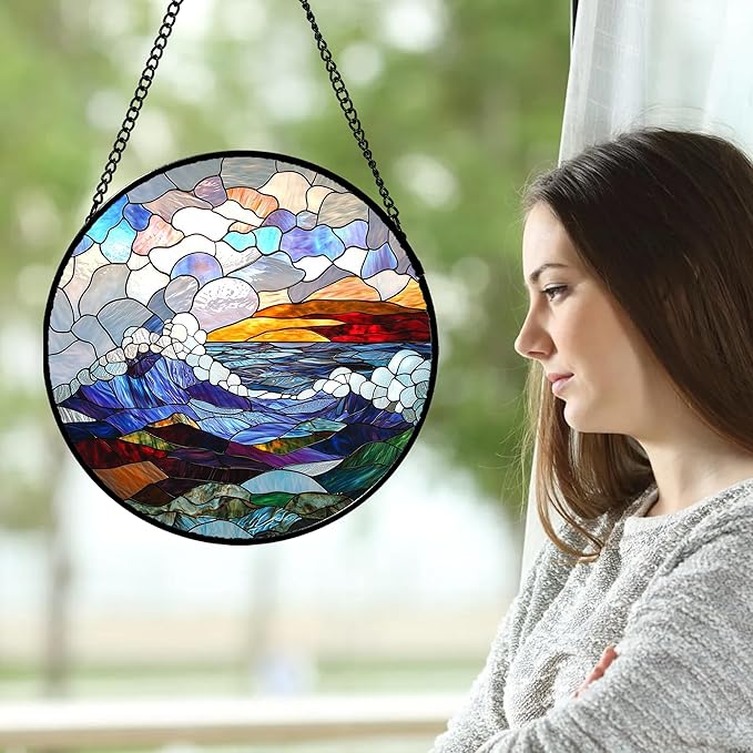 Stained Glass Window Hanging, Abstract Colorful Ocean Waves Landscape Suncatcher for Doors Window Home Sun Catchers Decor Mother's Day Birthday Gifts for Women, Men Mom 15 in