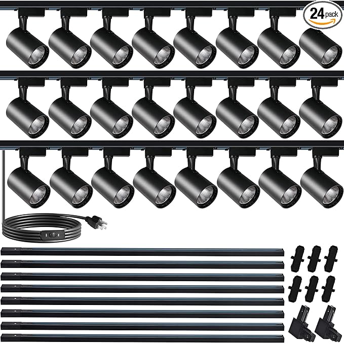 Black J&L Type Track Lighting Complete Kit, 25 W Plug in LED Lighting Complete Kits 24 Packs Extra Brightness 4000K Natural Light with Extra 26.24FT Track Rails