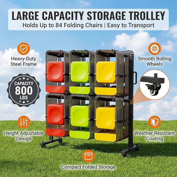 Folding Chair Rack for 84 Chairs or 12 Tables, Heavy Duty Folding Chair Cart with Swivel Wheels, 800LBS Load Capacity, Dual-Layer Chair Storage Rack with 2 Elastic Cord and Weatherproof Cover, Black