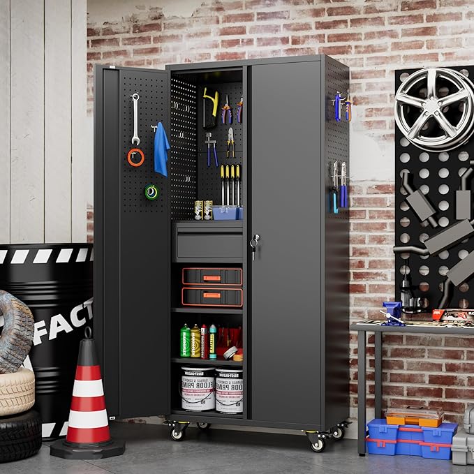 Metal Storage Cabinet with Drawers, Locking Garage Tool Cabinets on Wheels with Pegboards and Hooks for Warehouse Homes, Offices, Assembly Required(Black)