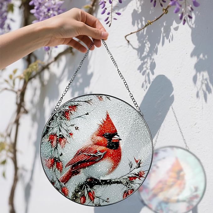 Stained Glass Window Hanging, DOUHASU 8 Inch Cardinal Stained Glass Suncatcher Ornement, Window Decor, Sympathy Gift, Cardinal Gifts for Women