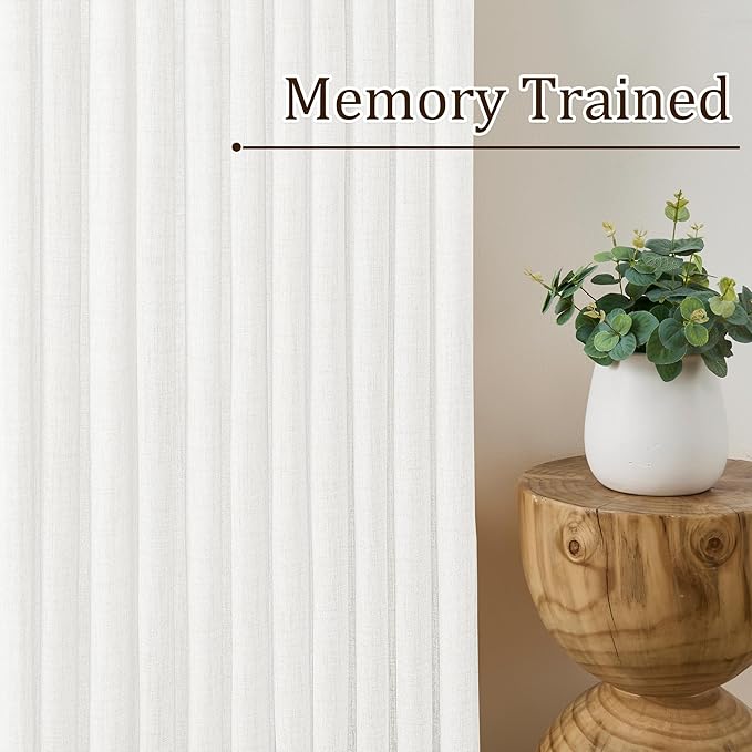White Linen Pinch Pleated Semi Sheer Curtains 2 Panels 140 Inches Long, Back Tab with Hooks, Window Treatment Curtains for Living Room 42 Inch Wide