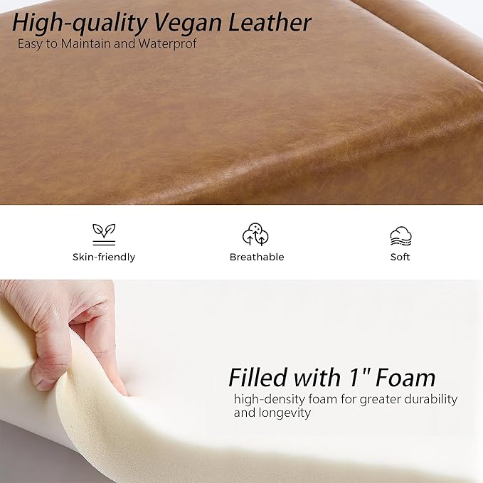 Faux Leather Entryway Bench End of Bed Bench Upholstered Modern Window Bench Comfy Ottoman for Dining Room/Bedroom/Living Room/Hallway/Indoor (Camel Brown)